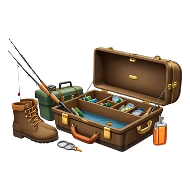 Icon for Fishing: a boat on the shore of a peaceful water body with a beautiful natural landscape, a fishing tackle box, a spinning rod, and boots nearby. The icon should capture the tranquility and gear of a fishing adventure. Transparent background. sticker