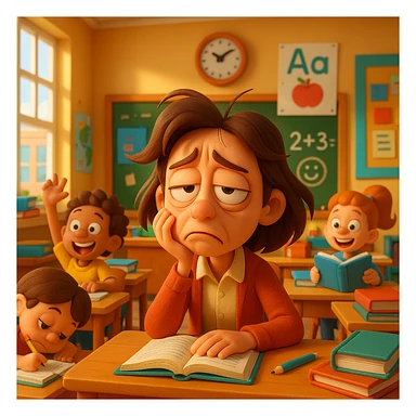 3d cartoon art of a exhausted teacher in a bustling classroom sticker