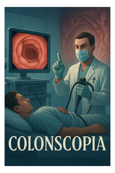 A medical cinematic illustration showing a patient undergoing a colonoscopy in a modern clinical setting. On the monitor, the endoscopic camera shows smooth, healthy-looking intestinal mucosa — clean and without evidentiary signs. But layered symbolically in the background (or faded into the intestinal wall), tiny parasitic organisms like protozoa and helminths are subtly depicted hiding between folds, or embedded deeper in tissues, undetectable by the surface-only scope. The doctor gestures with confidence, while the patient remains unaware that the test might not reveal the true underlying infection. The scene has cool clinical lighting, shallow depth of field, and realistic anatomy, overlaid with symbolic, almost ghost-like imagery of parasites in italiano sticker