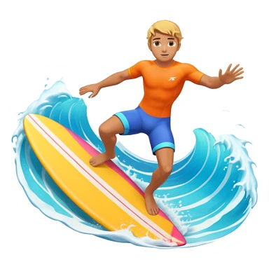cute surfer riding big ocean waves, dynamic action pose, splash water, colorful surfboard, tropical vibe, 3D cartoon, mobile game icon style, bright colors, soft shadows, clean background, no text, no watermark sticker