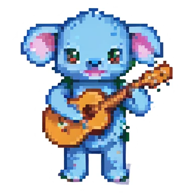Stitch from Lilo & Stitch, pixel art style, holding a ukulele, cheerful, small size sticker