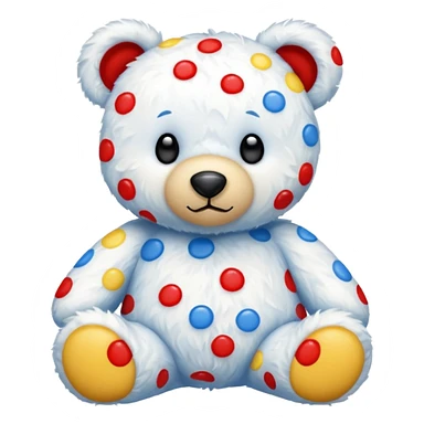 White teddy bear covered with blue, red and yellow spots sticker