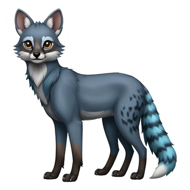 Realistic edgy cute cool bluish greyish blackish whitish silvery coppery Shiny Colorful Dusky Dark Gloomy Glossy Maned-Wolf-Genet-Caracal-Lion-Bobcat-fusion-animal-hybrid-creature, full body, tufted ears, long thin tufted tail sticker