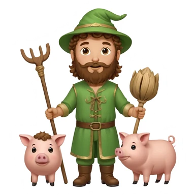 happy young shepard with long curly brown beard and long curly brown hair, in green magical outfit, with wooden shepard stick in hands, taking care of pigs sticker