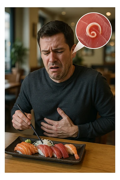 a man sits at a restaurant table, eating a plate of raw fish (such as sushi or sashimi). In a magnified inset, an Anisakis larva is visible inside a piece of fish. The man’s expression changes from enjoyment to sudden discomfort, holding his stomach with a pained look. The background is softly blurred, focusing on the man and the food. in italiano sticker