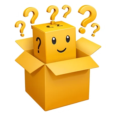 white box printed with q&a over stuffed with yellow question marks sticker