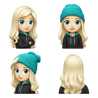 White girl, blue eyes, long teal hair, purple beanie hat, black hoodie, blue jeans, black shoes sticker