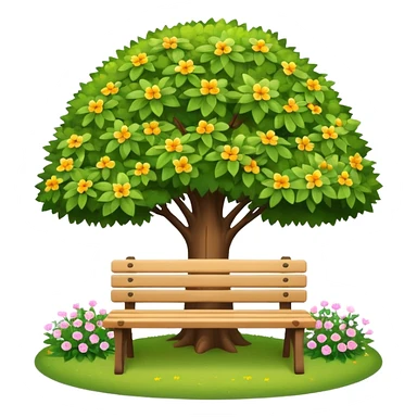 bright bench beneath a tree, surrounded by small flowers, clean and friendly sticker