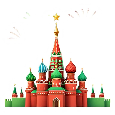 Apple style 3D emoji of New Year fireworks over Moscow. Vibrant multi-colored sparkling bursts (red, gold, green) in the sky. Below, a simplified glossy 3D silhouette of the Kremlin towers with glowing red stars. 
в более пастельных оттенках sticker