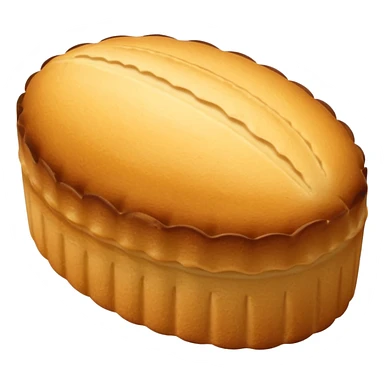 A madeleine pastry. Oval shaped with vertical lines going in the same direction as the oval. Light golden brown. Scalloped edge. Cookie. Stretched out oval sticker
