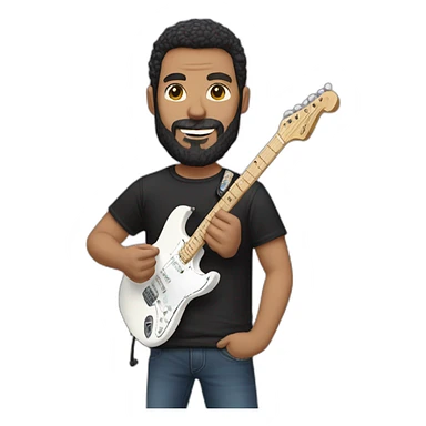 white man with dark beard and black t shirt and pastel pink stratocaster electric guitar sticker