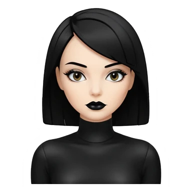 A white woman with a sleek black bob haircut, wearing glossy black lipstick and dark eyeshadow, dressed in a shiny black catsuit. sticker