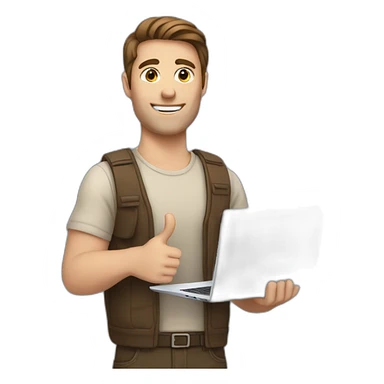 white man brown hair holding laptop thumbs up sticker