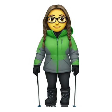 Green-eyed, fat female skier with long straight hair, glasses, grey snow jacket, long black pants, black only snow boots, wearing black skis standing tall. sticker