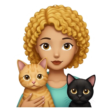 The girl is holding a black cat, a yellow shorthair cat and a curly-haired dog sticker