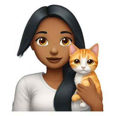 blue eyed girl with long black hair holding one chubby orange tabby cat sticker