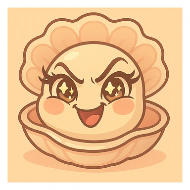 Create a version with an even more mischievous expression, very expressive and luminous eyes, elegant eyelashes, and strongly accentuated pastel, pearly, cream, peach, and greige shades, while keeping the large shell, the small oyster, the pastel toon style, and the background. sticker