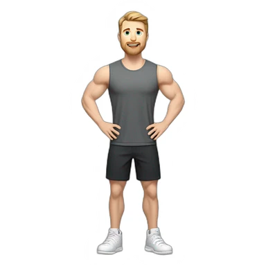Full height Actively gesturing with hands Pale skinned Fit Man With the biceps and brown hair in dark gray Sleeveless Mike, black oversize sports shorts and white Sneakers sticker
