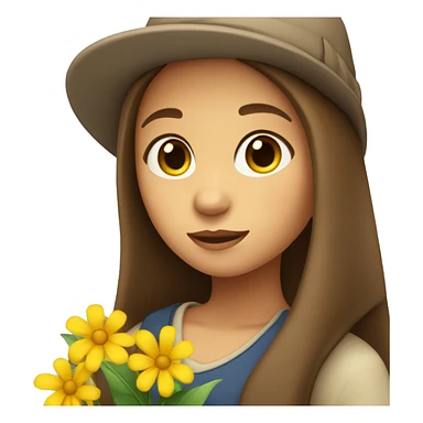 Girl with brown long straight hair wearing a hat and a yellow flower in her hand sticker