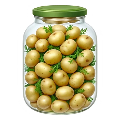 A round jar of small pickled potatoes with sprigs of dill floating inside.









 sticker