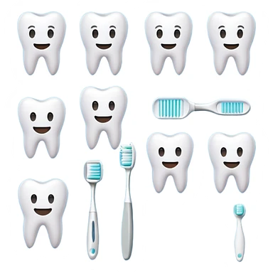 Flat 2D emoji set, dental theme: teeth, smiles, toothbrush, medical care. Minimalist, friendly, HEX palette: #3f97a2, #5bc6cb, #1e424a, #f16077. Clean lines, no background, 512x512 px. Style: vector art, pixar-like emoji. sticker