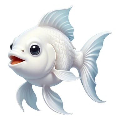 Cinematic Comical White Goldfish Portrait Emoji, Head tilted dramatically with an exaggeratedly amused expression, featuring a striking, glossy pure white body with elegantly fluttering fins, wide, expressive pale eyes filled with playful disbelief, Simplified yet hilariously expressive features, highly detailed, glowing with a slightly sassy glow, high shine, dramatic yet playful, stylized with an air of cheeky mischief, bright and endearing, soft glowing outline, capturing the essence of a spirited and over-the-top goldfish, so meme-worthy it feels like it could side-eye its way into internet fame instantly! sticker