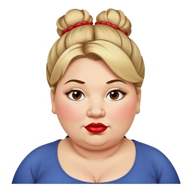 An overweight woman with a double chin dirty blonde hair in a messy bun with red lipstick sticker