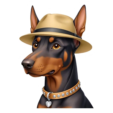 Doberman wearing a collar and hat sticker