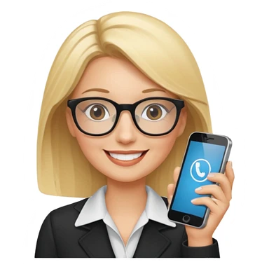 Blonde marketing agent with phone and glasses sticker