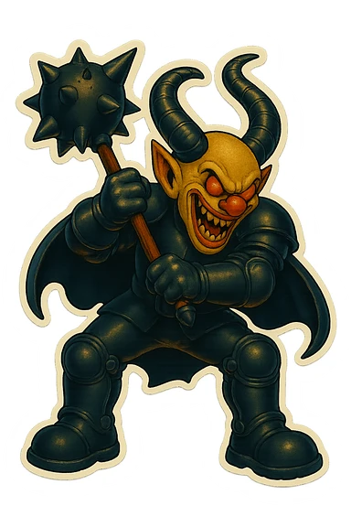 A menacing armored clown with ram horns, holding a mace with an oversized spiked head, wearing a short cape and glossy black on matte black armor, with large but not comically oversized black clown shoes, full body, vibrant retro stickers style, no yellow aged tint, glowing gold-red eyes, transparent background. sticker