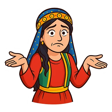 Create a colorful and cheerful cartoon sticker of a Kurdish woman wearing traditional Kurdish female clothing, with no shadows or color halos around the image. The face should have an indifferent or unsure expression with raised eyebrows and a closed or crooked mouth. Both hands are open with palms facing up, shoulders raised, and the body slightly hunched, exactly matching the pose in the reference images. No text, completely transparent background. Suitable for WhatsApp and Instagram. sticker