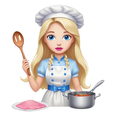 Cinematic realistic beautiful blonde with long hair, blue eyes and pink lips in a white dress cooks sticker