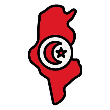 icon of Tunisia's map with a red and white color scheme, crescent and star sticker