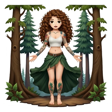 full body view of a woman with long curly brown hair, brown eyes, white skin, tattoos, shrugging with dramatic forest magic burst sticker