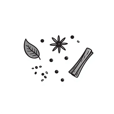 Hand-drawn collection of spices including peppercorns, bay leaves, cinnamon sticks, and star anise sticker