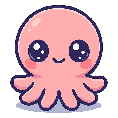 super kawaii chibi baby octopus character, soft pastel colors, big sparkling eyes, bolder outline, soft shadow, high contrast, minimal clean layout, PNG, transparent background sticker