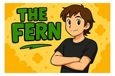 Make the brunette anime man look 20 years old with youthful facial features, still leaning to the side with arms crossed, in front of green bubble letters that say 'The Fern'. He should have a black t-shirt, no jacket, medium-length brown hair, and an expressive anime face. Keep the vibrant, cartoonish, eye-catching vibe in vibrant toon style. sticker