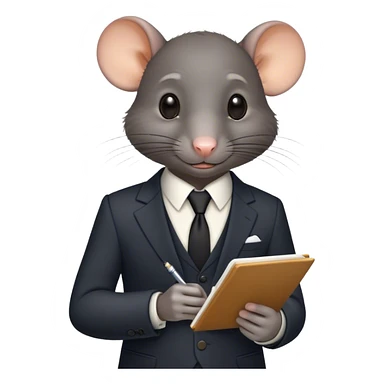 a black rat in a suit taking notes in a small notebook sticker