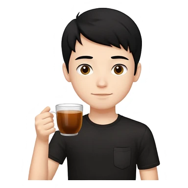 The boy teen have a black hair, and black T-shirt with a cup of tea. blue background  sticker