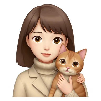 Cute East Asian girl, soft fair skin, big brown eyes, straight bangs, inward brown bob. Wearing a beige turtleneck sweater and cream-colored coat, rosy cheeks, gentle smile, holding an Abyssinian c sticker