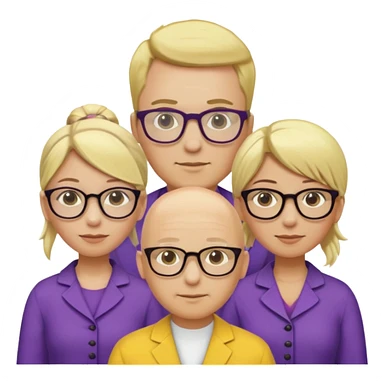 FIVE person team; 2 men and 3 women.  All dressed in yellow or purple.  2 caucasian women have blonde and 1 has ash blonde hair tied up.  1 man is black and bald, 1 man is caucasian and very little hair left.  All have glasses sticker