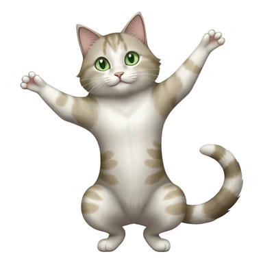 grey and white cat with green eyes doing a big extremely long stretch reaching up into the air with arms and legs side by side together straight and overextended sticker