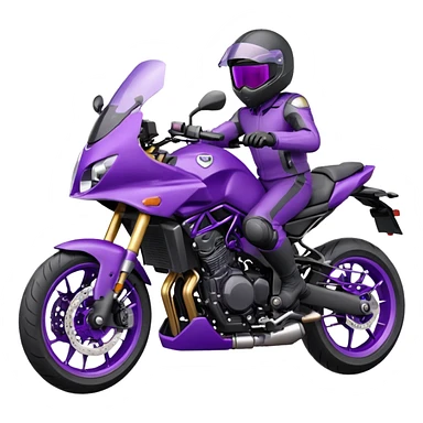 Créer un emoji avec une moto mt07 sport noir mate / violet iridescent très foncé, pare-brise de la moto violet. Avec une pilote dessus visière violet sombre visage caché . Avec fond arrière violet en arrière plan. sticker