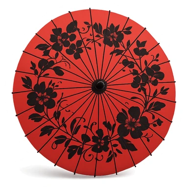 red Chinese parasol with black flowers, open, black floral motifs radiating from the center, simple background sticker
