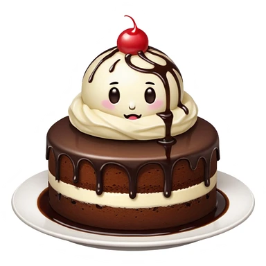 round chocolate cake, vanilla ice cream, chocolate syrup, white plate, no face, appetizing look emoji style sticker