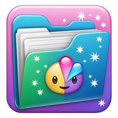 small cute folder icon emoji style, slightly open at the top, several colorful divider tabs peeking out (blue, green, pink, purple), white label area on the front with the word 'Covers', sparkles around the folder sticker