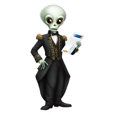 alien galora in Victorian dress elegant, full body, holding big credit card sticker