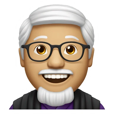 old catholic Hmong priest with black hair, smiling with teeth and glasses sticker