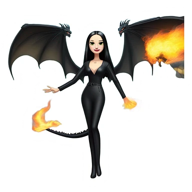  beautifully dressed teen Morticia Addams Malibu Beach Barbie Jedi flying/riding on the back of a very large black shiny evil-looking fire-spewing horned dragon. proper scale sticker