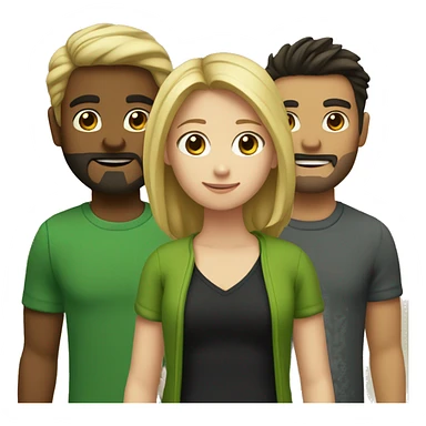 two girls and one guy. one of the girls is a blonde in a green sweater, the other has brown hair and a black sweater, in the middle is a guy with dark hair and a beard sticker